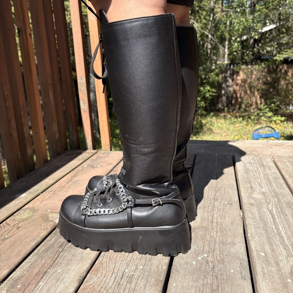 Cape Robbin Emo Stomp Platform Boots Black Chain Y2K Chunky Lace Up Zip Knee 10 - Picture 5 of 13